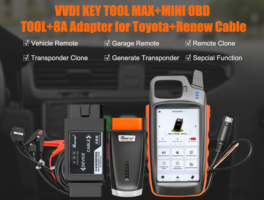 [US/EU Ship] Xhorse VVDI Key Tool Max + MINI OBD Tool + Toyota 8A All Keys Lost Adapter Get Free Renew Cable